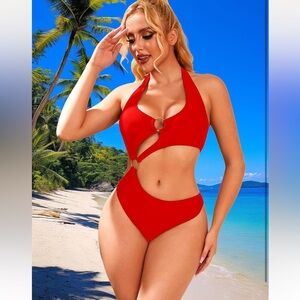 Women One Piece Swimsuit Slimming Cutout Fashoin Swimwear Metal Ring XL